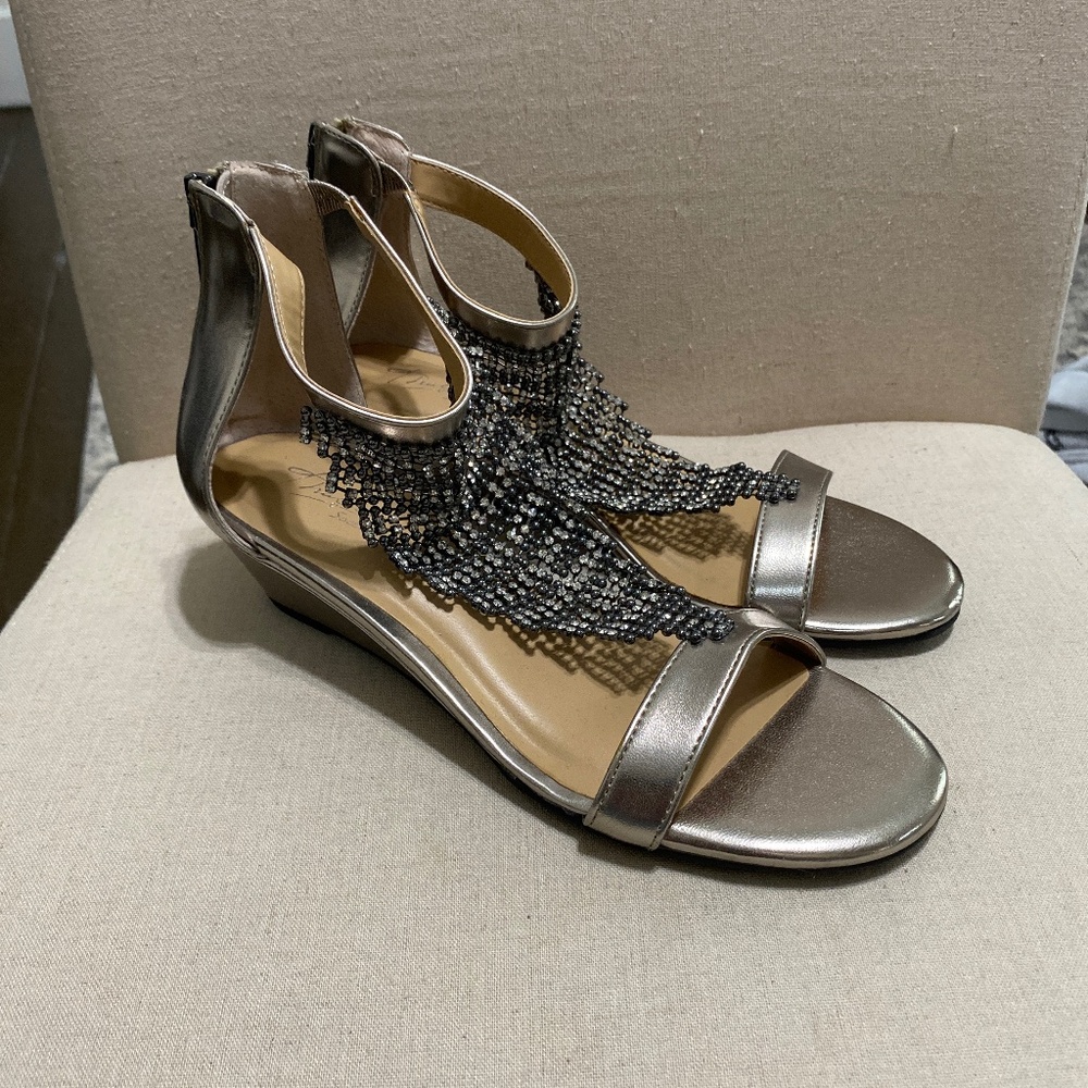 Women's Metallic Dress Wedge Sandals with Beaded Fringe